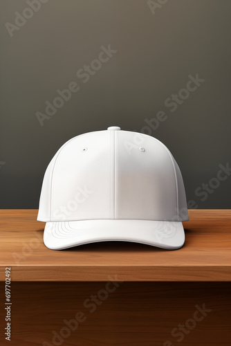 White baseball cap mockup on wooden table and grey wall background 