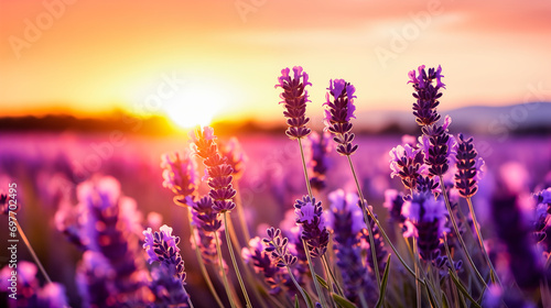 Lavender flowers blooming in the lavender field at sunset