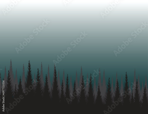 The forest with the rows of the evergreen trees in blue and green colors. Vector illustration. Colorful silhouette with trees, pines, firs, mountains and hills. Layered background with parallax effect