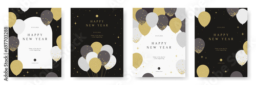 Happy new year. Birthday. Celebration party poster set. Golden balloon frame template. Grand Opening Card. Confetti, Star, Party decor, Luxury banner background, Advertising. Flat vector illustration.