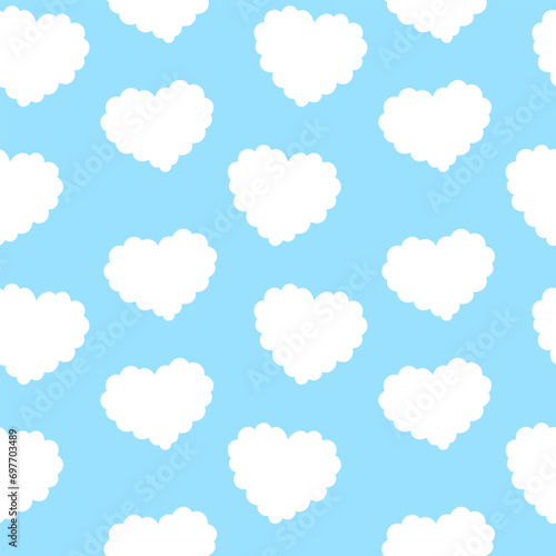 Pattern of white clouds in the shape of heart on blue sky background. Cartoon cloudy pattern. Seamless pattern with curly clouds.