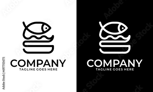 Creative Linear vector logo in modern style, fine stroke, eating fast food, fish burger. Combination of a burger and a fish. Good for burger restaurant, bistro, café or any business related with burge photo