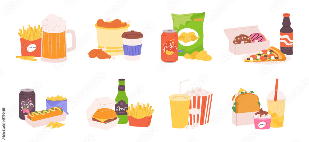 Football fan food. Fast meals, burgers and french fries, popcorn, pizza and soft drinks. Sandwich and ice cream, chips and beer, racy vector set Football fan food. Fast meals, burgers and french fries, popcorn, pizza and soft drinks. Sandwich and ice cream, chips and beer, racy vector set
