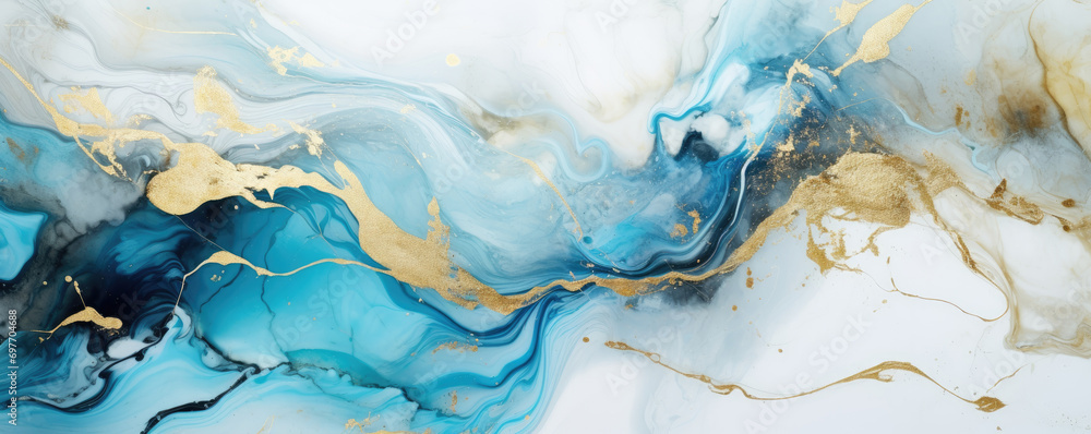 Abstract marble background, White, Cyan, blue agate texture with thin gold veins.