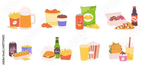 Football fan food. Fast meals, burgers and french fries, popcorn, pizza and soft drinks. Sandwich and ice cream, chips and beer, racy vector set