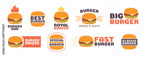 Burgers labels. Burger house cafe, bar or delivery service badges. Cartoon hamburgers logo for fast food restaurant. Tasty racy vector banners