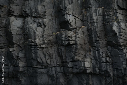 Dark Aged Shabby Cliff Face And Divided By Huge Cracks And Layers. Coarse, Rough Gray Stone Or Rock Texture Of Mountains, photo