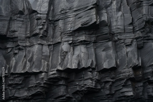 Dark Aged Shabby Cliff Face And Divided By Huge Cracks And Layers. Coarse, Rough Gray Stone Or Rock Texture Of Mountains,