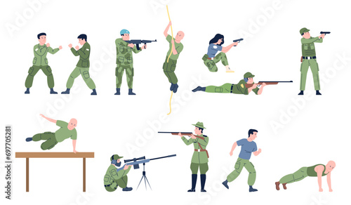 Military training characters. Soldiers shooting, running and doing exercises. Male and female army professionals, recent vector characters