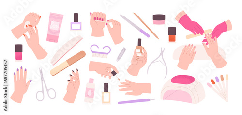 Manicure salon tools. Female hands with nail art, hand lotion, polish and scissors. Beauty procedure, nails care accessories racy vector clipart