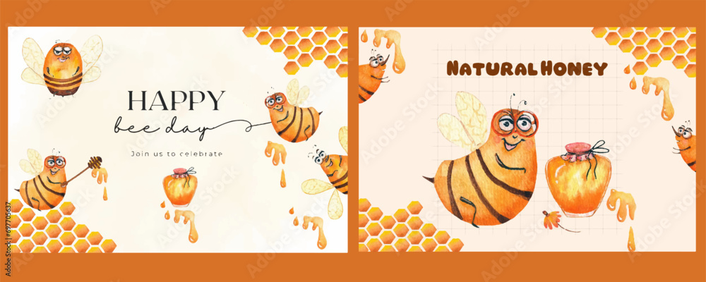 Set of 2 lids for the honey holiday. Drawn with watercolors and converted to vector