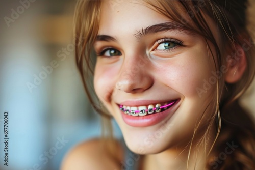 Teen-aged woman with braces smiling mouth close up The concept of modern dentistry. Generative AI. photo
