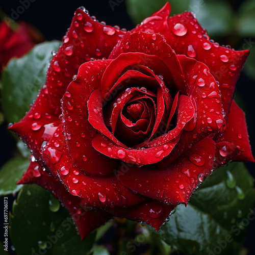 red rose with drops of water  christmas and valentines day background 