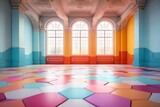 colorful empty room, hexagonal mosaic tiles for texture background, hexagon colorful backdrop