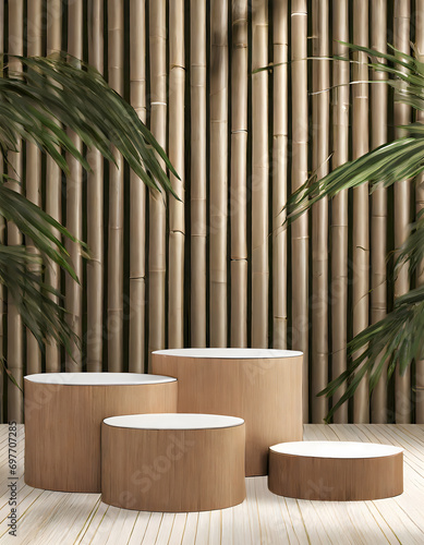 Bamboo product display podium for natural product.  Podium mockup, green or brown bamboo background. © Amber Fox