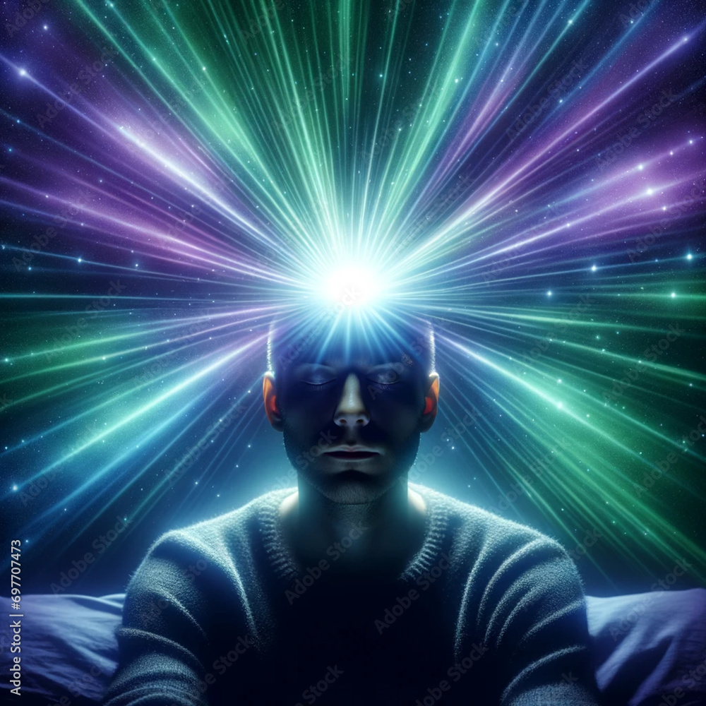 Mind's Eye Aurora
Visualize a person in a tranquil setting, eyes closed in deep contemplation. From their forehead, radiant beams of light emerge, resembling a vivid aurora borealis in the night sky. Mind's Eye Aurora
Visualize a person in a tranquil setting, eyes closed in deep contemplation. From their forehead, radiant beams of light emerge, resembling a vivid aurora borealis in the night sky.