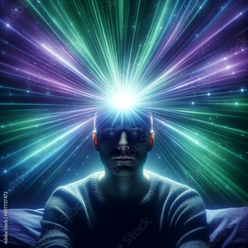 Mind's Eye Aurora Visualize a person in a tranquil setting, eyes closed in deep contemplation. From their forehead, radiant beams of light emerge, resembling a vivid aurora borealis in the night sky. 