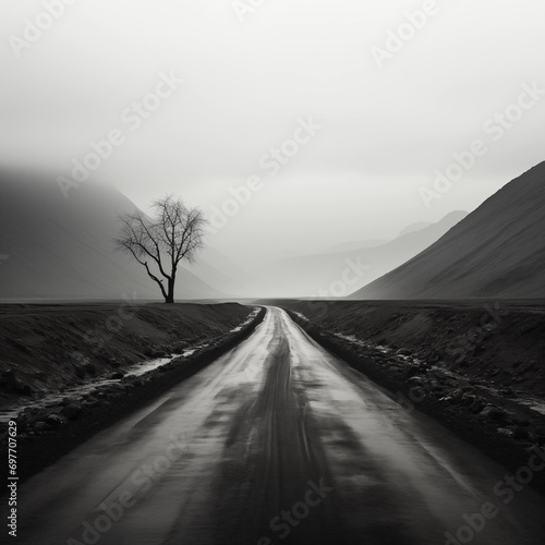 Estrada vazia com árvores e neblinas - Papel de parede preto e branco dark © vitor