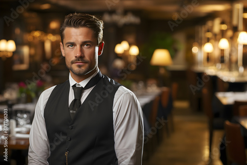 Attractive and elegant maitre, head waiter or sommelier. Male restaurant business owner. Defocused hospitality background.