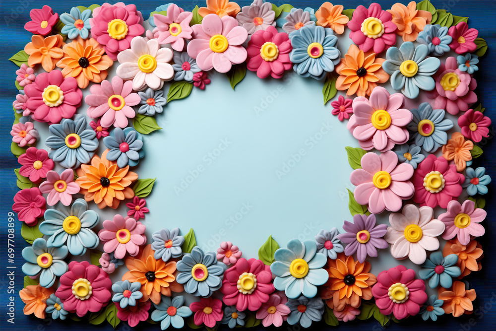 Colorful paper cut flowers, leaves on blue background with copy space. Colorful paper cut flowers, leaves on blue background with copy space.