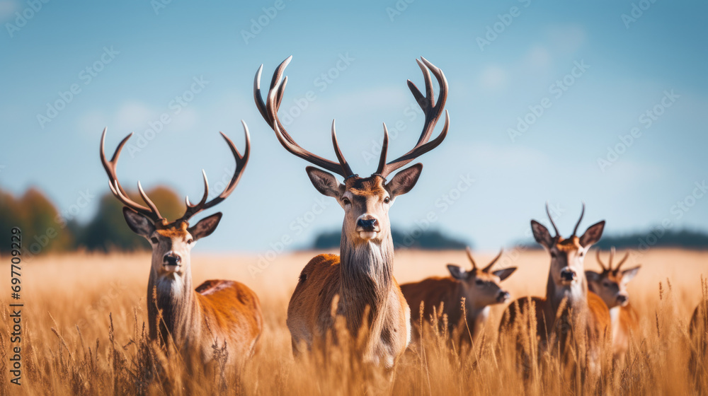 Fototapeta premium deer standing on top of a grass covered field
