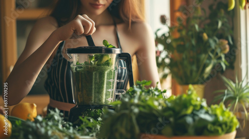 Young woman with a blender and green vegetables making detox shake or smoothie at home photo