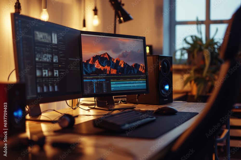 Freelance desktop with laptop computer and monitor review for editor work with content video - obrazy, fototapety, plakaty 