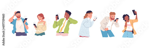 Shocked people look phone. Amazed man and frightened woman looking on smartphone scare message or bad news, frustrated scared characters with cellphone classy vector illustration