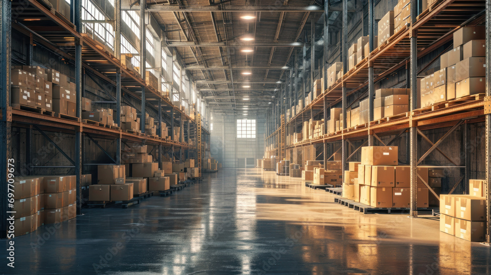 Distribution warehouse with cardboard boxes on shelves and floor.