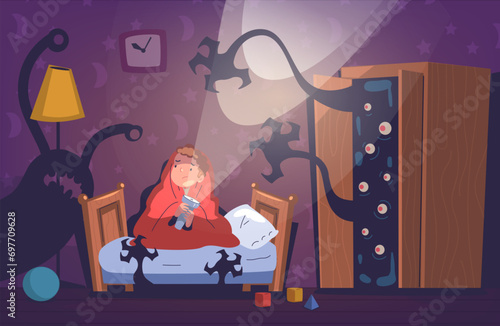 Children nightmares. Child fear dark bedroom, scared kid afraid horror ghost shadow night monster, worried kids on bed scary nightmare bed dream concept, classy vector illustration