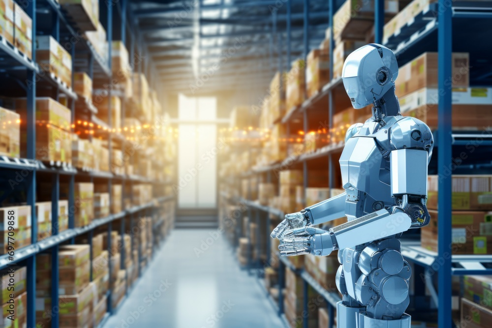 Innovative industry robot working in warehouse for human labor replacement . Concept of artificial intelligence for industrial revolution and automation manufacturing process .