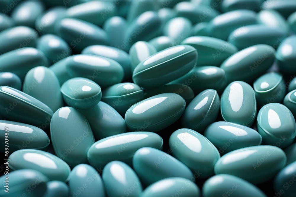 Close up of turquoise pills scattered Close up of turquoise pills scattered