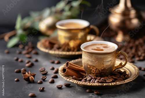 coffee cups with coffee beans  cinnamon and anise on a dark background