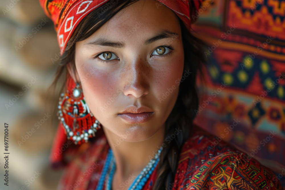 Beautiful young Kazakhstan woman in a traditional dress