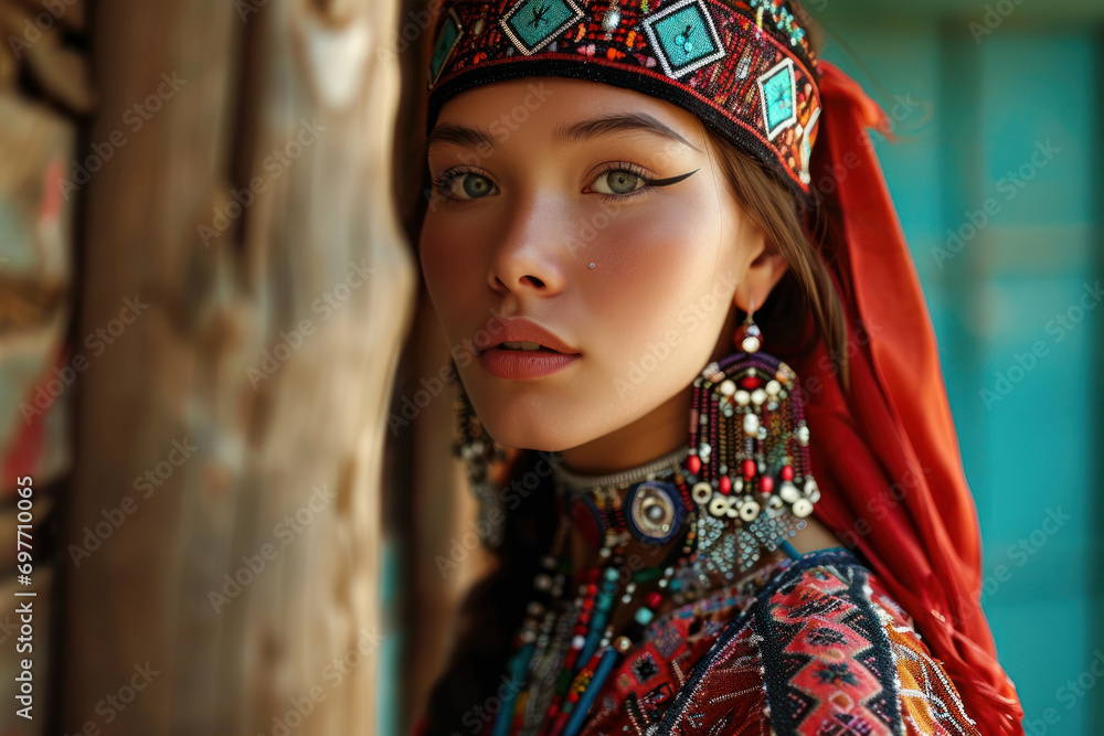 Beautiful young Kazakhstan woman in a traditional dress