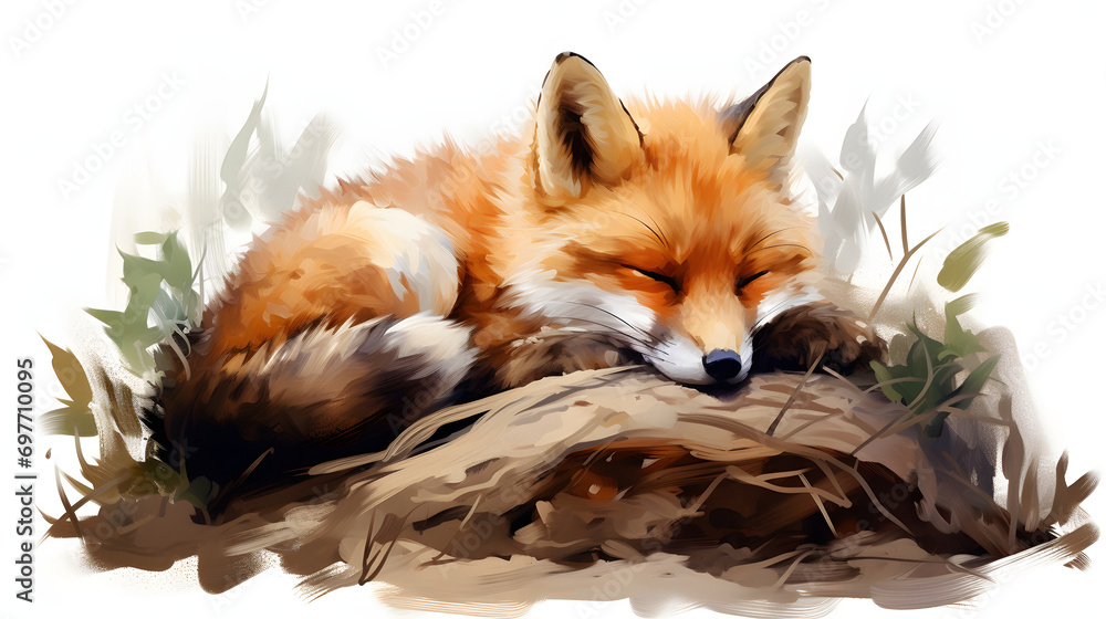 Sleeping little fox watercolor. Watercolor animal background. - obrazy, fototapety, plakaty 