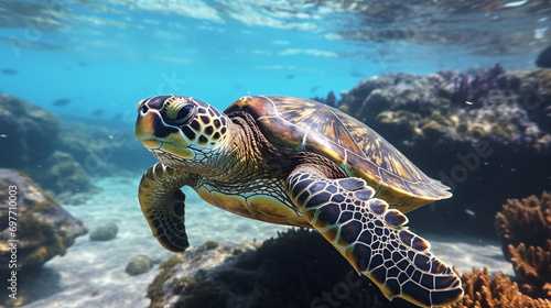 photo of Sea turtle in the Galapagos island. Generative AI © Fuji