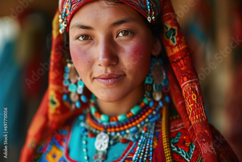 Beautiful young Kazakhstan woman in a traditional dress