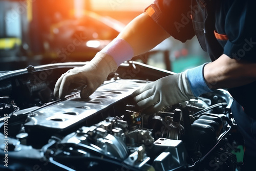 professional mechanic with gloves inspecting car engine © EmmaStock
