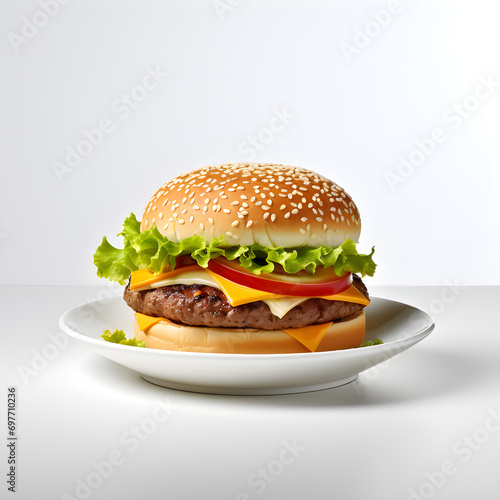 hamburger on a plate, white plate with hamburger