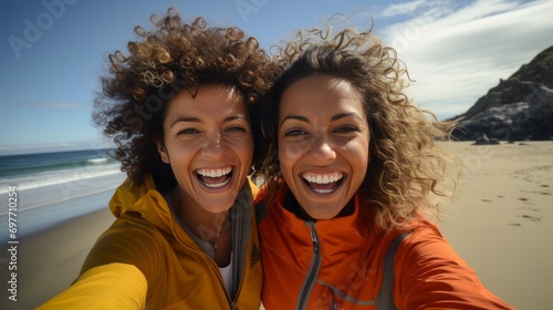 Selfie of two young women smiling on a beach