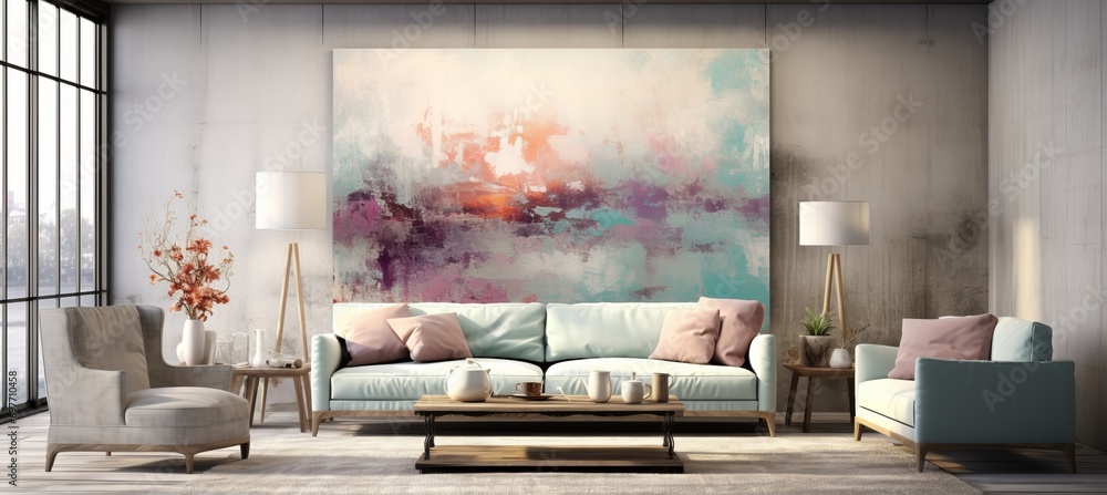 Cheerful Abstract Painting Living Room Decor Design with Colorful Wall Hanging Picture - obrazy, fototapety, plakaty 