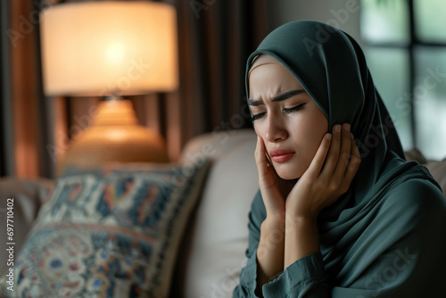 Young Muslim woman has a toothache interior living room background