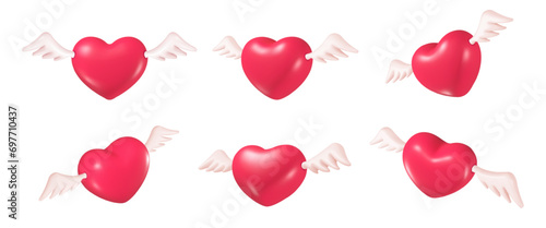 3d heart wings. Religious hearts cherub angel, red decorative love symbol fly air wing for valentine day or wedding holiday, render romantic shape cute nowaday vector illustration