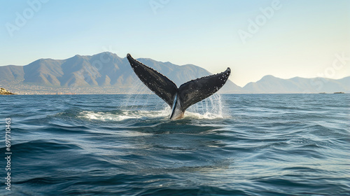 Seascape with Whale tail. The humpback whale (Megaptera novaeangliae) tail dripping. Generative AI photo