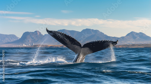 Seascape with Whale tail. The humpback whale (Megaptera novaeangliae) tail dripping. Generative AI
