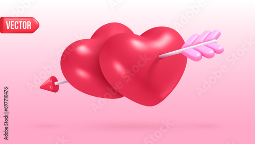3d hearts arrow. Heart piercing cupid arrows, loving couple relationship concept, romantic love symbol joy marriage valentine day