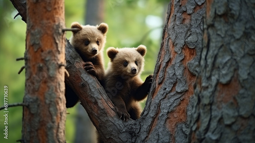 She-bear and bear cubs in the summer pine forest. Brown bear cub climbing on tree. Generative AI