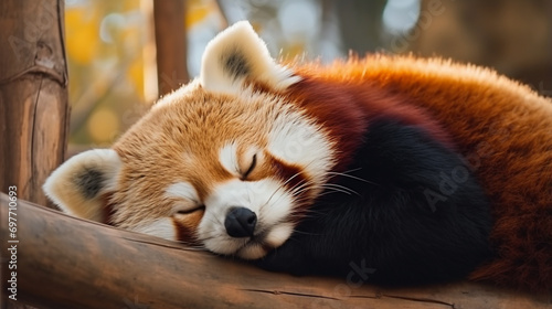 Sleeping Red Panda (Ailurus fulgens). Funny cute animal image of a red panda. Generative AI photo