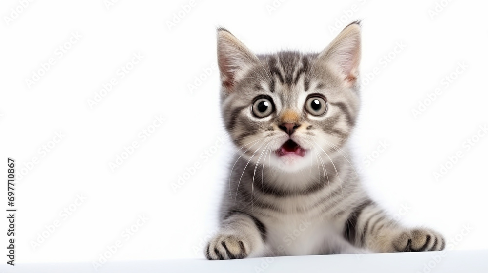 Scared cute little kitten isolated over white background. Generative AI